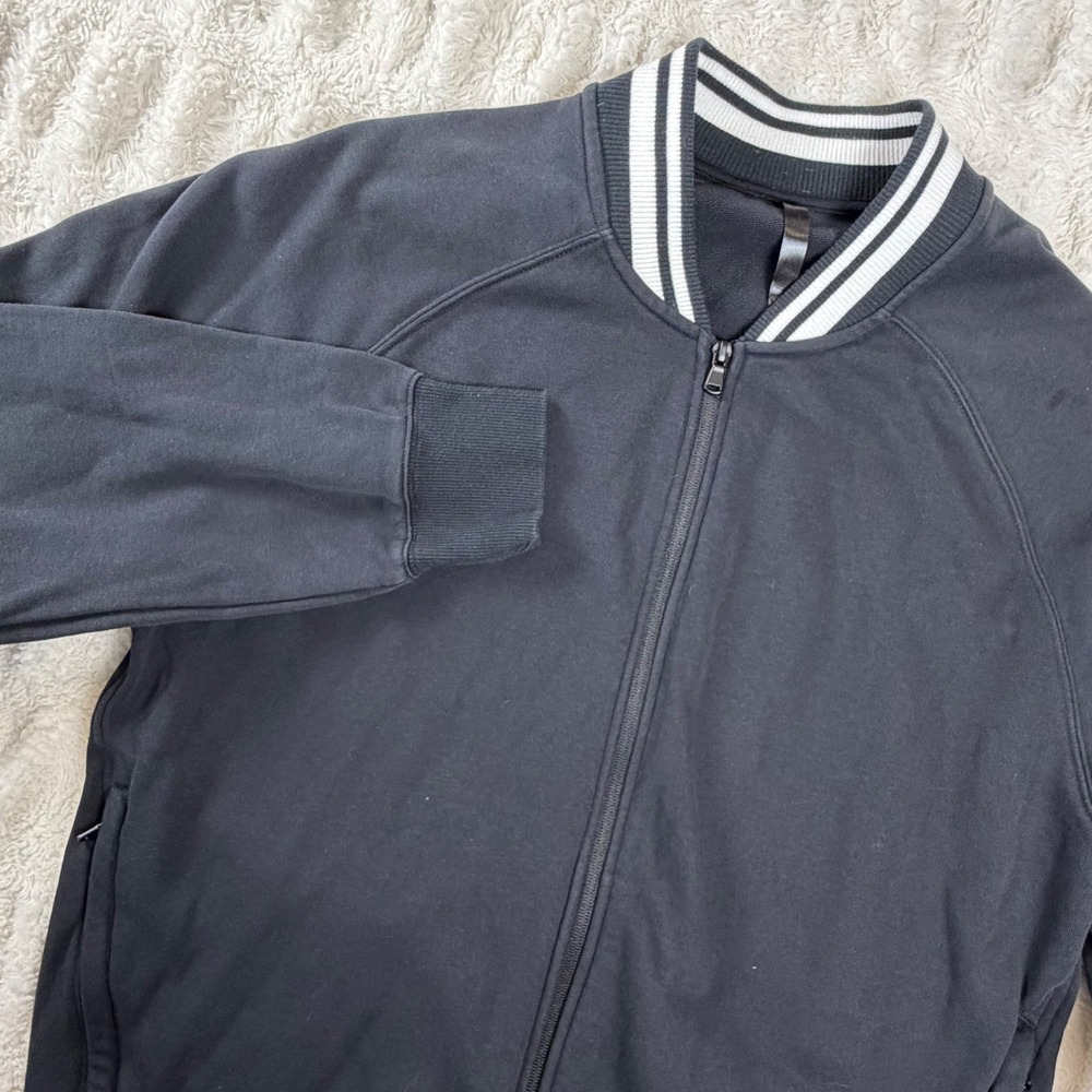 Fabletics Mens Varsity Bomber Jacket Black Full Zip Striped Collar Size L